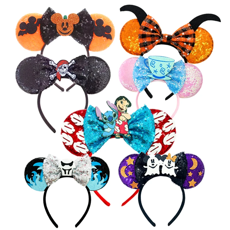 New Mickey Mouse Ears Headbands Women Child Halloween Hair Accessories Lilo Stitch Headband for Girls Kids Sequins Bow Hairband