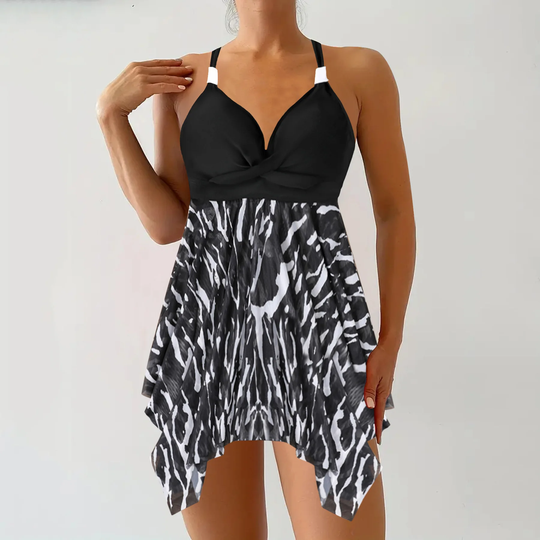 2026 Women Tropical Floral Skirted Tankini Swimsuit Halter V Neck Twist Front Irregular Hem Two Piece Modest Beach Bathing Suit