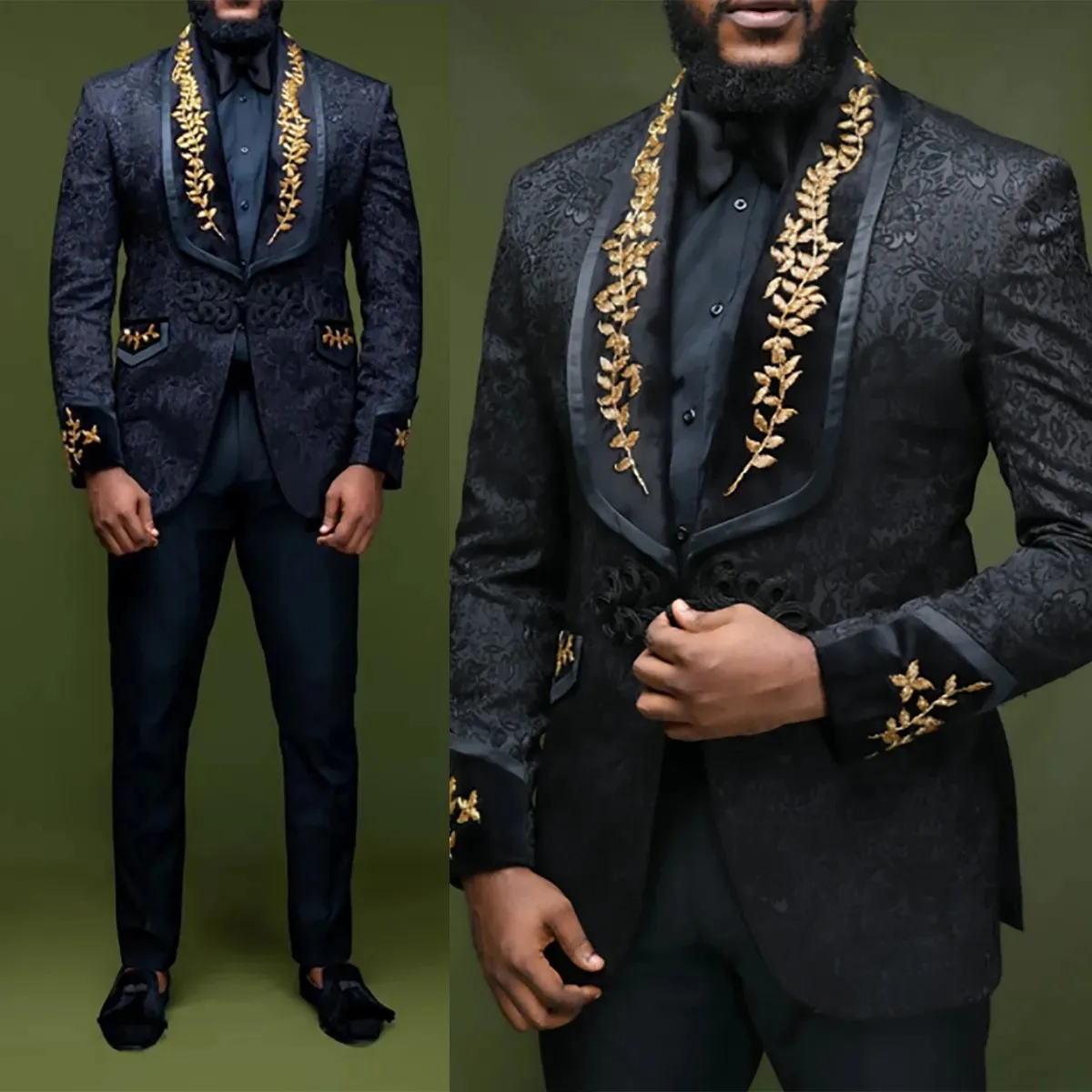 

Luxury Gold Lace Appliques Men Wedding Tuxedos Floral Pattern Tailor One Button Formal Evening Prom Pants Suits (Jacket+Pants)