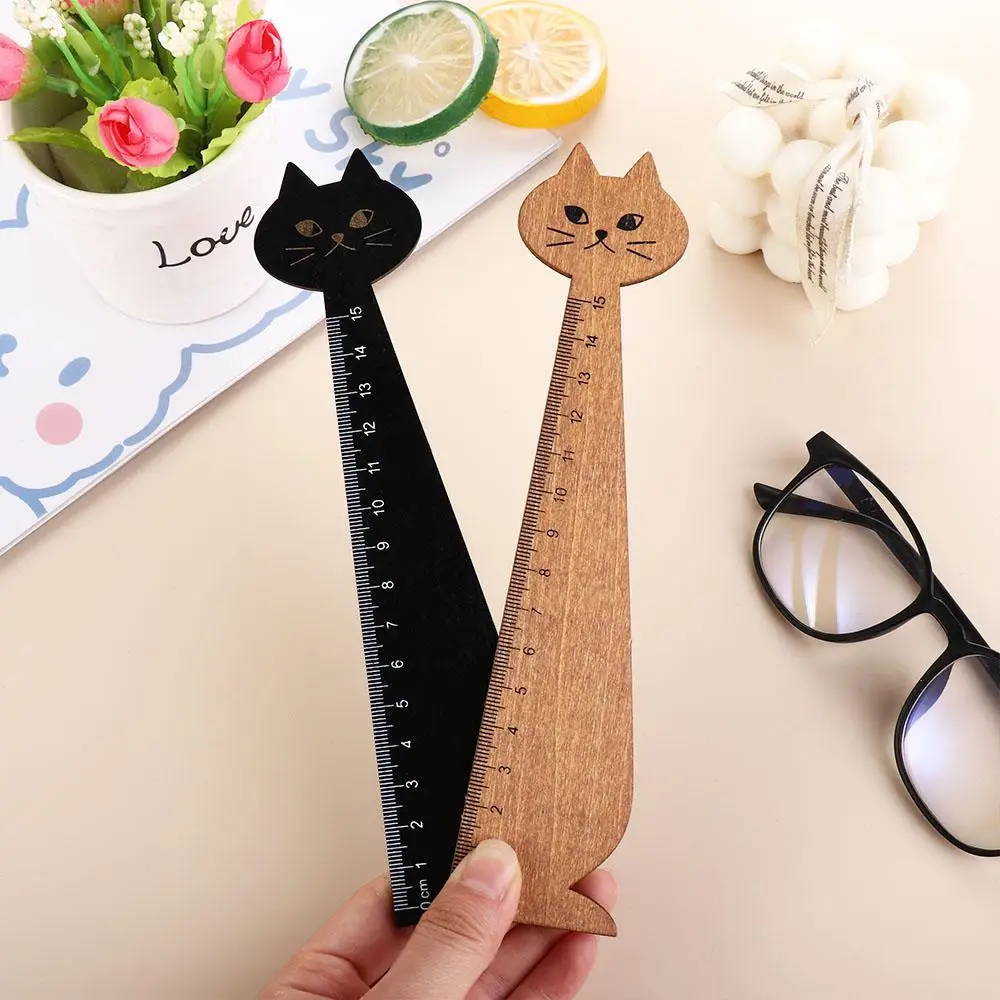 15cm/5.9inch Practical Cute for School Office Home Cartoon Cat Wooden Sewing Ruler Student Tools Straight Ruler Drawing Ruler