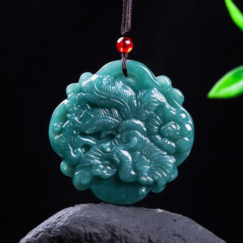 Genuine A-grade ice blue phoenix and peony pendant, exquisitely carved on both sides, jadeite ornament