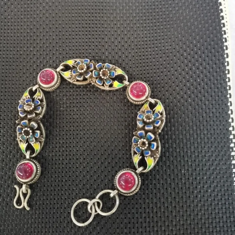 Vintage Tibetan & Sterling Silver Bracelet, Inlaid Premium Natural Star Gemstone, Ethnic Style Bangle