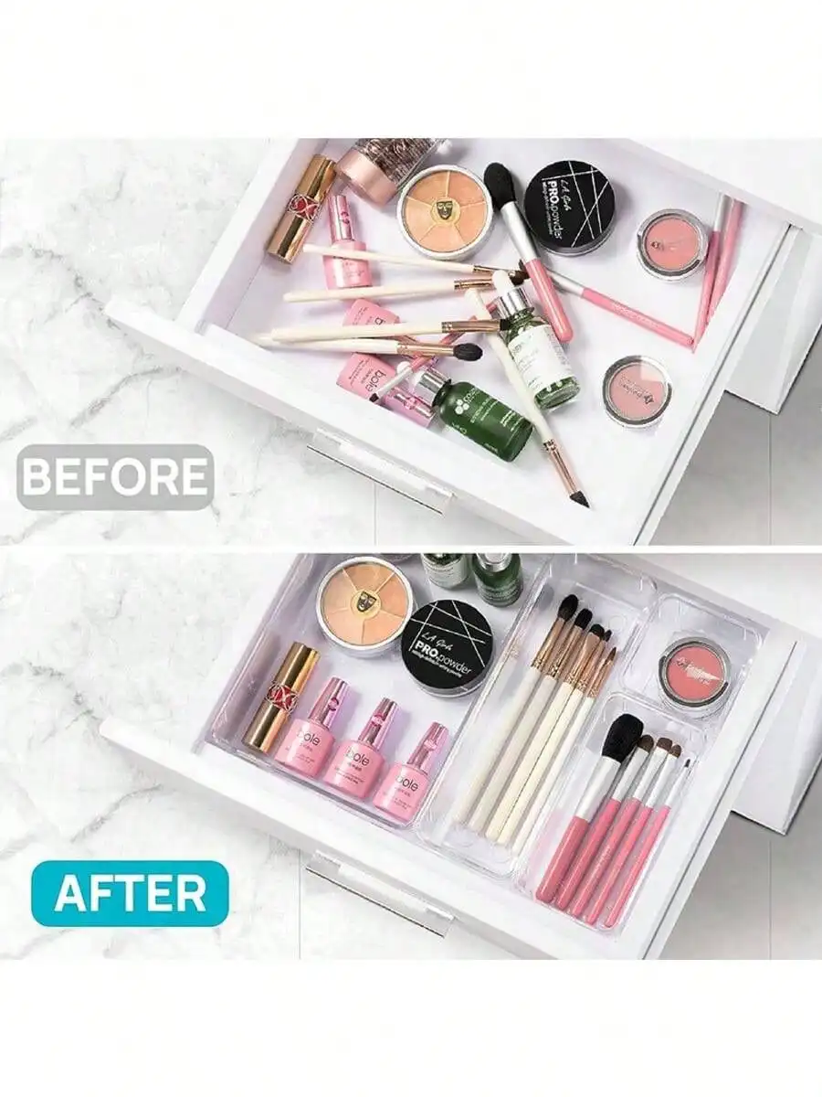 Conjunto organizador transparente de 24 unidades: mesa de acrílico/gaveta/armazenamento de vaidade de cosméticos + suporte de escova