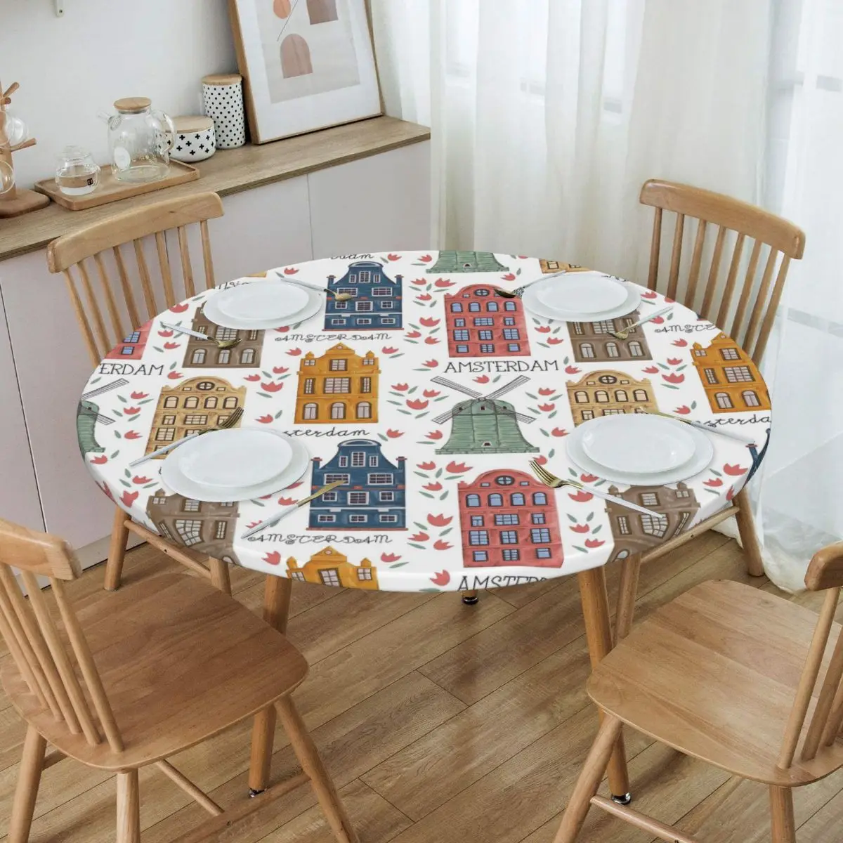 Amsterdam. Seamless Pattern With Old Historic Buildings Round Tablecloth Oilproof Table Cloth Kitchen Events Dining Table Cover