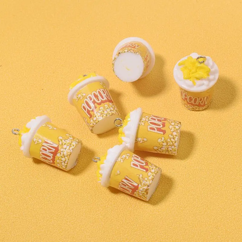 6pcs Simulation Big Buckets Popcorn Resin Charms Funny Cute Shop Crafts Pendant For Keychains Diy Jewelry Making