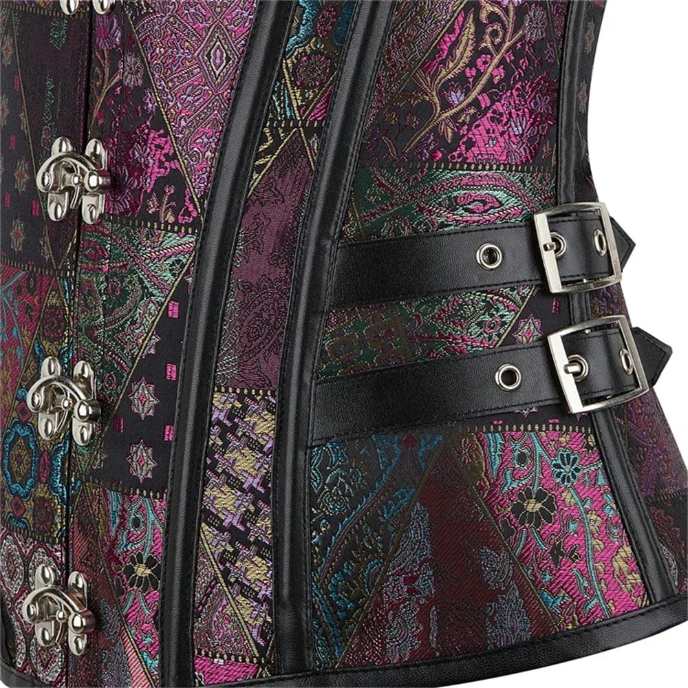 Women Purple Vintage Gothic Overbust Corset Tops Steampunk Body Shaper Lace-up With Buckle Bustiers Sexy Lingerie Corselet