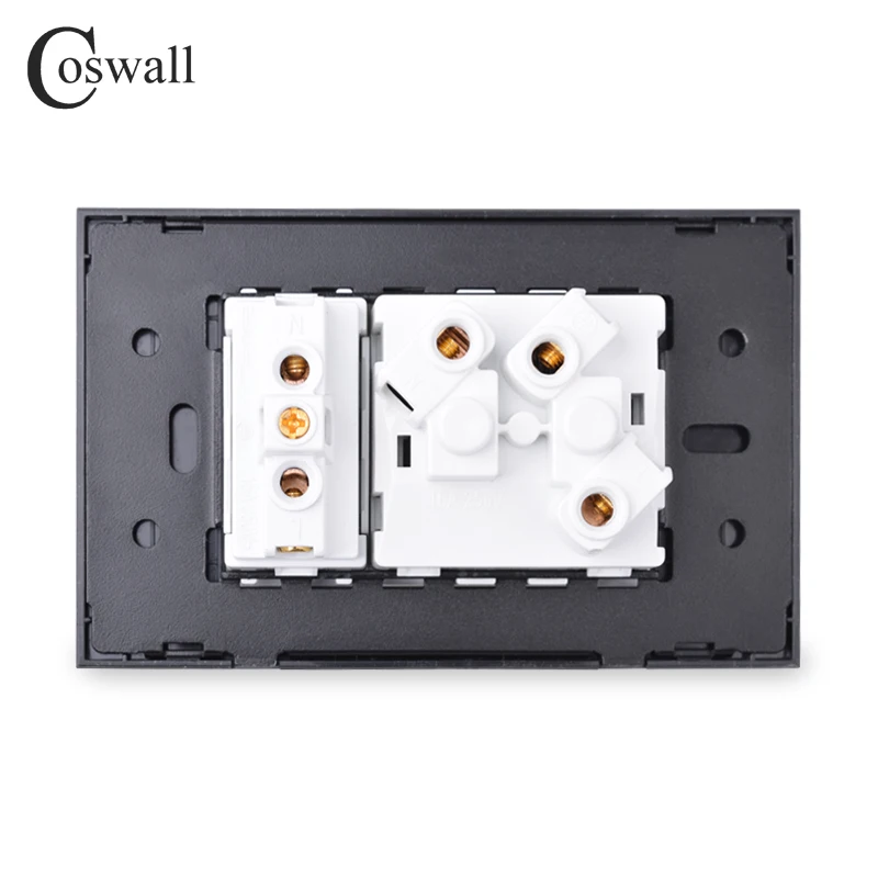 Coswall Black Tempered Glass Panel Wall Power Socket Universal EU / Italian / Chile Outlet With Children Protective Door