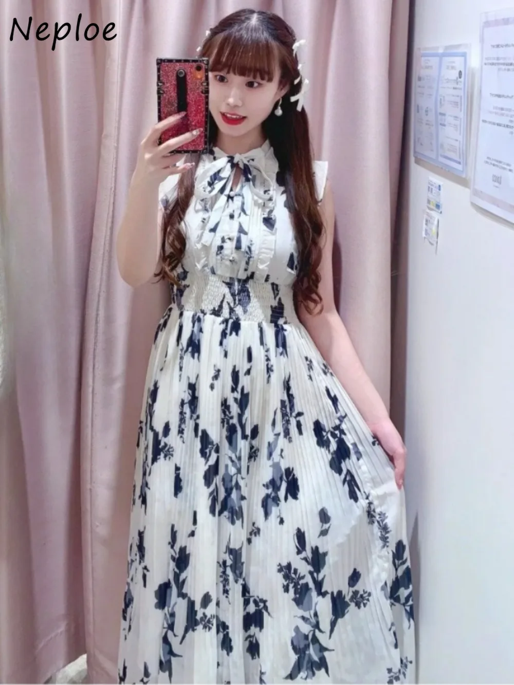

Neploe Chiffon Stand Collar Stretch Elegant Dress Print Lace Up Slim Pleated Casual Robe Japan Ruffles French Big Swing Mujer