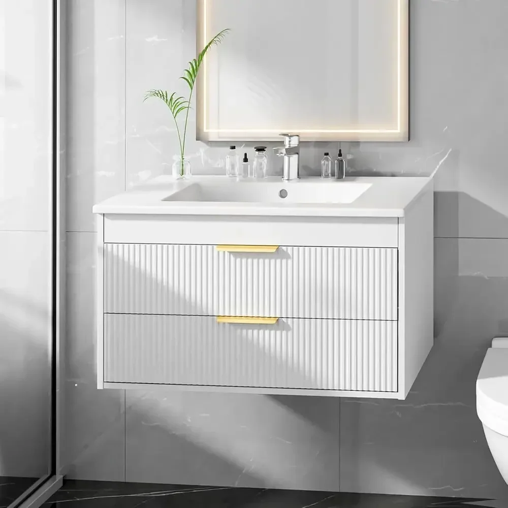 

30" Bathroom Vanity Cabinet with Ceic Sink, Wall-Mounted loating Vanity, Integrated Sink, 2 Large Storage Ders, with Sensor LED