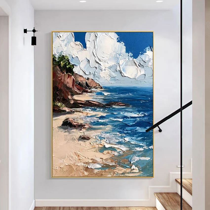 Home Interior Decorative Item Seascape Oil Painting Handmade Large Wall Panel Picture Art Showpieces Hotel Decor Canvas Artwork