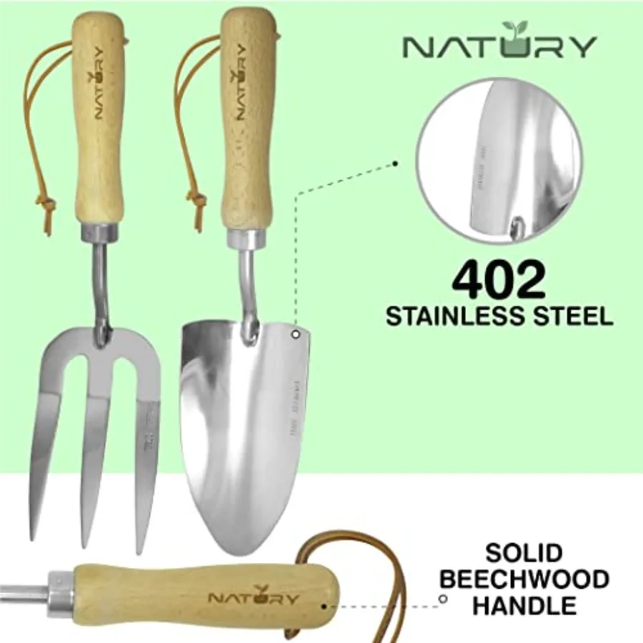Zestaw narzędzi ogrodowych Premium ze stali nierdzewnej z solidnymi rączkami z drewna bukowego Kompletny zestaw narzędzi ogrodniczych, w tym grabie