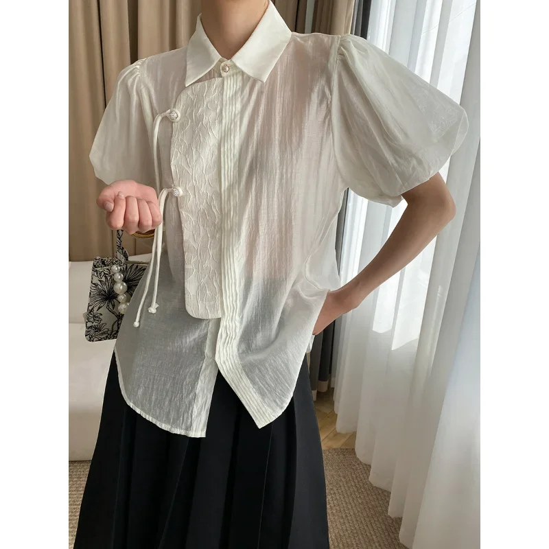 

Summer Chinese Style Buckle Cheongsam Lyocell Retro Shirts Puff Sleeve Slanted Lapel Light Blouses Pearl Buttons Placket Tops