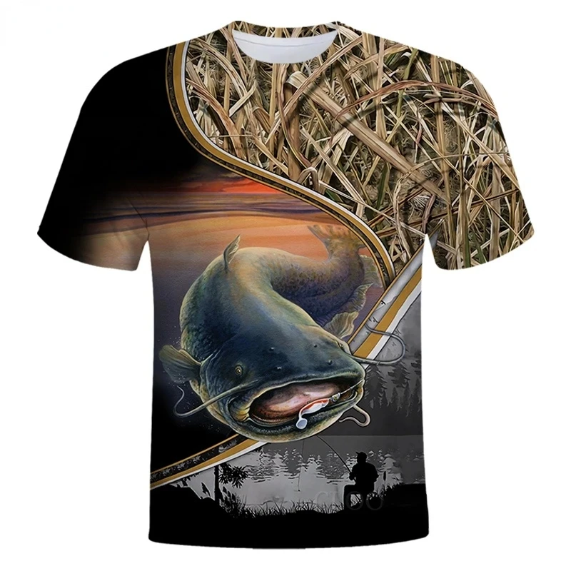 Summer Fashion Fish Pattern Men's Printed T-shirt Outdoor Leisure Fishing Plus Size Short Sleeve Popular Harajuku Round Neck Top