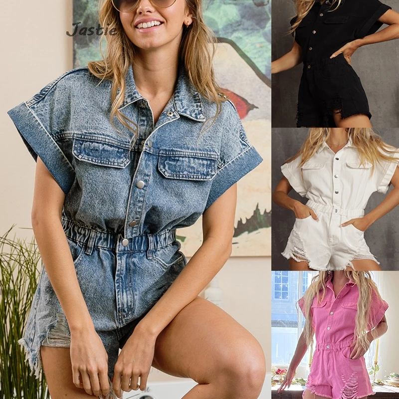 

2024 Summer New Fashion Women Playsuit Elastic Waist Short Sleeve Denim Shorts Ripped Jeans Distressed Rompers