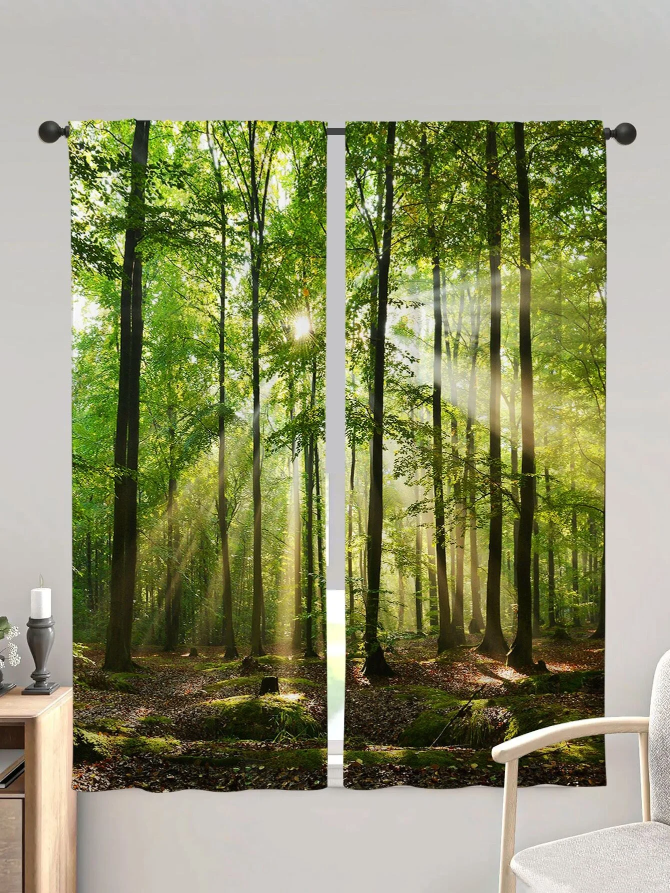 

2pcs Forest Sunshine Natural Scenery Window Curtains, Perfect For Bedroom Office Living Room Study Kitchen Door Home Decor Hook