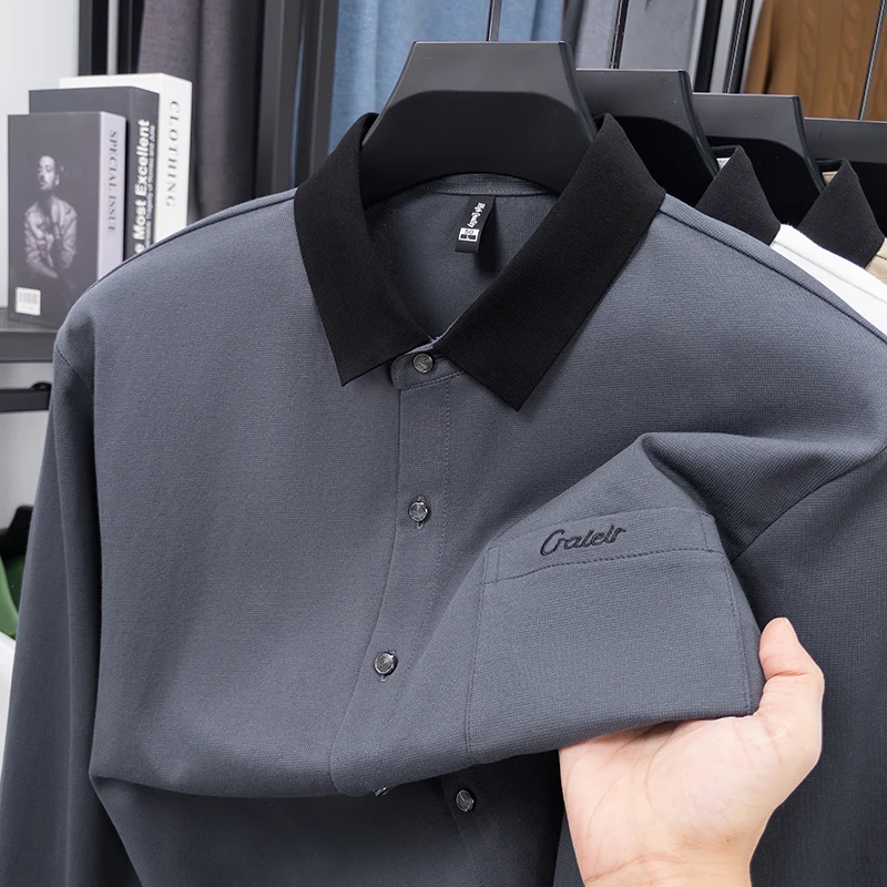 Men's Designer Long Sleeve Shirt Contrast Collar Button down Pocket Autumn Winter Business Casual Classic Fashion Men's Clothing