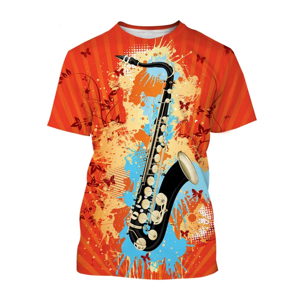 New Fashion Music Party 3D Saxophone Print Pattern Unisex Short Sleeve Casual Round Neck Men's Sportswear Top T-shirt。。