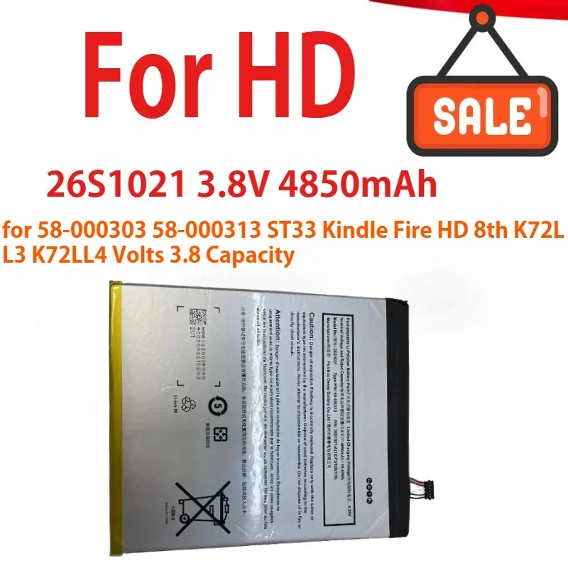 

3.8V 4850mAh New Tablet Battery For 26S1021 58-000303 58-000313 ST33 Kindle Fire HD 8th K72LL3 K72LL4 Volts 3.8 Capacity