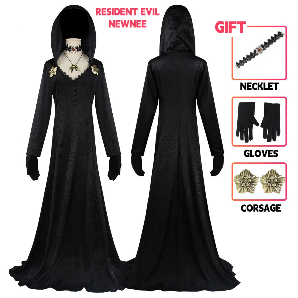 In Stock Moth Lady Evil Cosplay Fantasia Village Vampire Lady Dimitrescu Costume Women Black Dress Halloween Carnival Party Suit