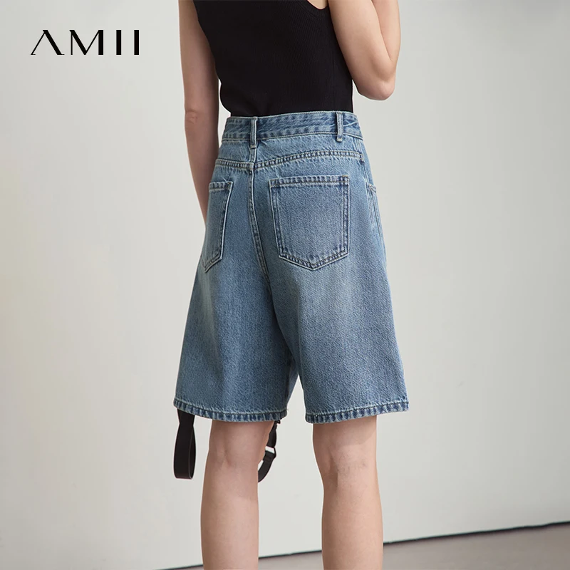 AMII กางเกงยีนส์ผู้หญิงกางเกงขาสั้นมินิมอลลิสต์ 2025 ฤดูร้อนใหม่ผ้าฝ้ายกางเกงขากว้างเลดี้ลำลองกระเป๋าแฟชั่นกางเกงยีนส์กางเกงขาสั้น 12542205