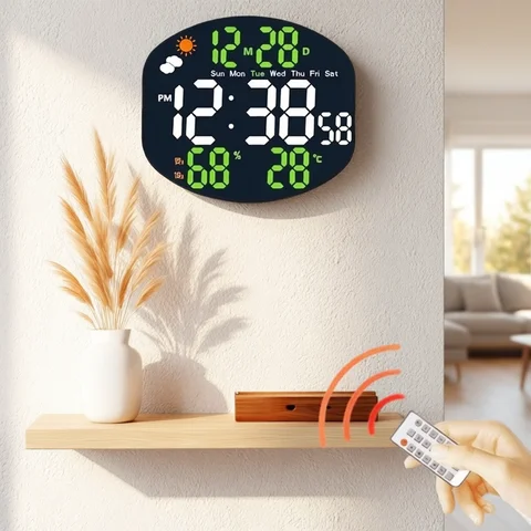 Weather Station Large Digital Wall Clock TEMP Humidity Date Week Night Mode Table Clock 2 Alarm 12/24H USB LED Alarm Clock