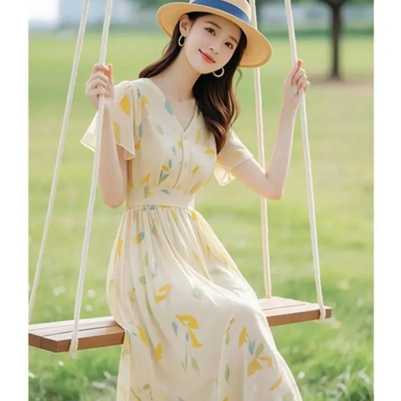 Women's V-Neck Flutter Sleeve Maxi Dress Beige Leaf Print Drawstring Waist Casual