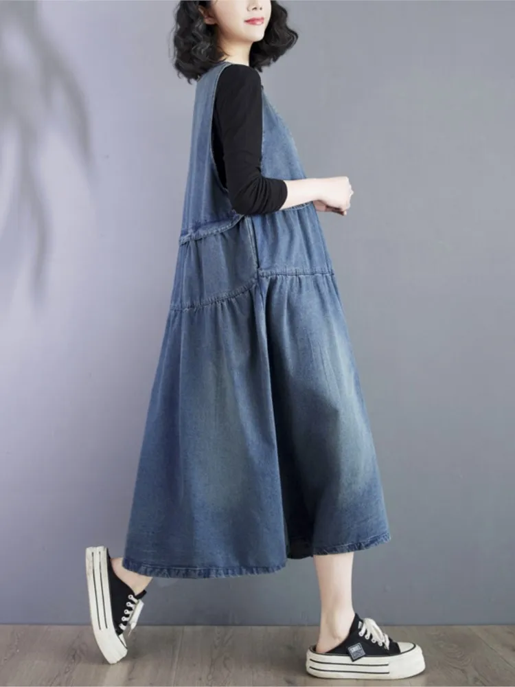 Denim Oversized Summer Sleeveless Vest Dress Women Loose Ruffle Pleated Fashion Casual Ladies Dresses A-Line Woman Midi Dress