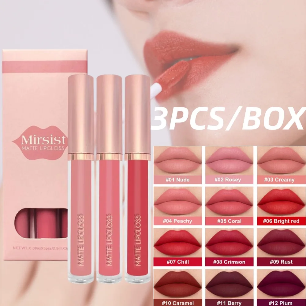 3 unids/set brillo de labios desnudo lápiz labial de terciopelo mate impermeable lápiz labial líquido de larga duración mujeres tinte de labios húmedo antiadherente