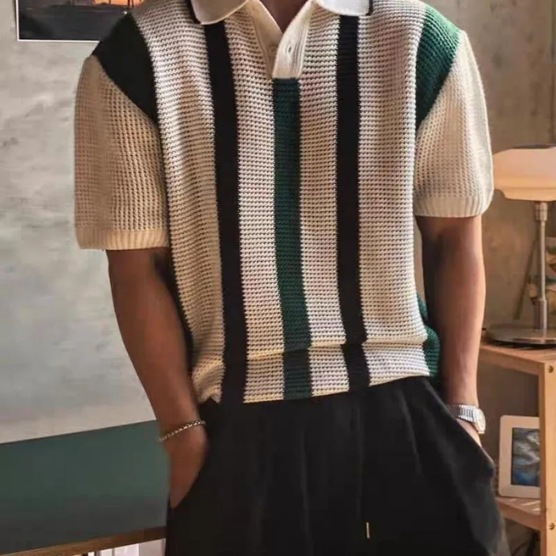 

Модная полосатая трикотажная рубашка-поло для мужчин, пуловер в контрастную полоску с короткими рукавами, сетчатый прозрачный лоскутный свитер на пуговицах