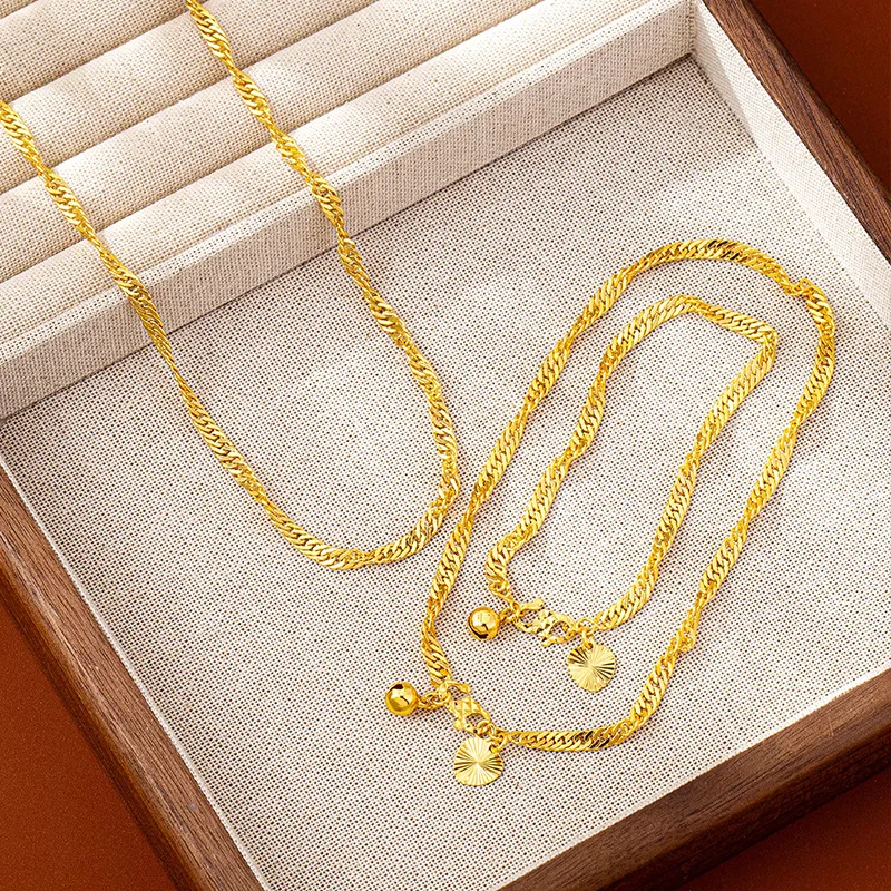 100% Real 24K Gold Water Ripple Design Necklace Bracelet Anklet Set for Women Luxury Bestseller Elegant Jewelry