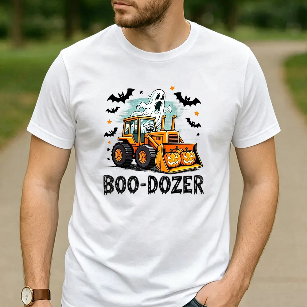 Halloween Graphic T Shirt Boo-Dozer Ghost Pumpkin Bulldozer Bat Star Print Unisex Cotton Funny Halloween Mechanic Casual Tee