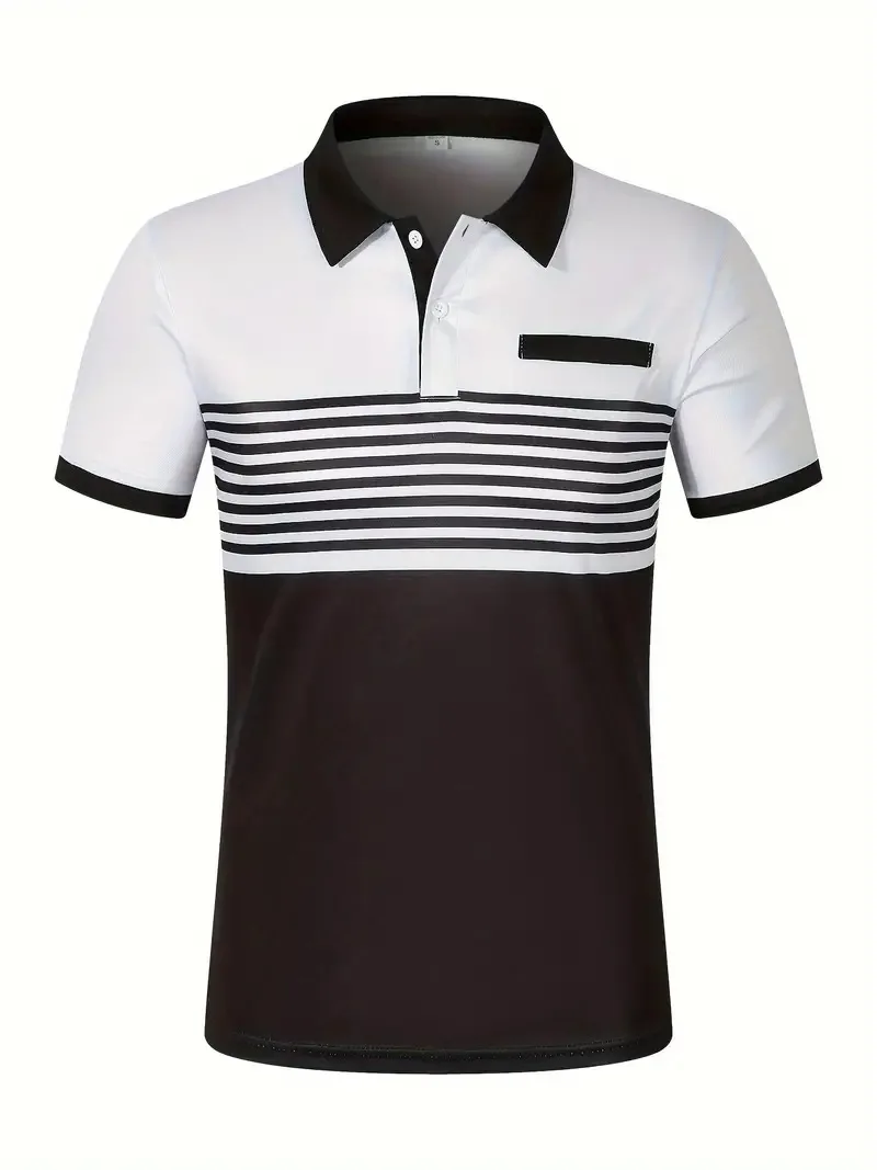 2024 short sleeved summer new item, men's casual polo shirt, V-neck button striped color blocked versatile T-shirt top