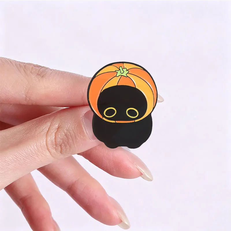 Schwarze Katzen-Abzeichen, Niedliche Cartoon-Messer-Kätzchen Emaille-Pin, Gruselige Halloween-Kürbis-Hut-Brosche, Tier-Accessoires, Deko-Geschenk – Detail 4