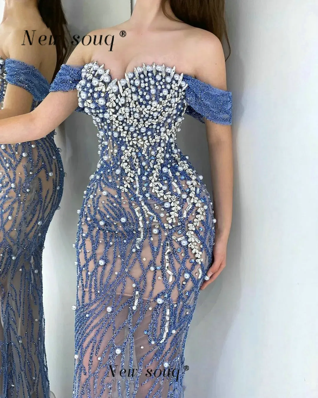 Sexy Blue Pearls Beaded Off Shoulder Long Evening Dresses Mermaid Wedding Reception Party Gowns Custom Made 2023 Prom Outfits