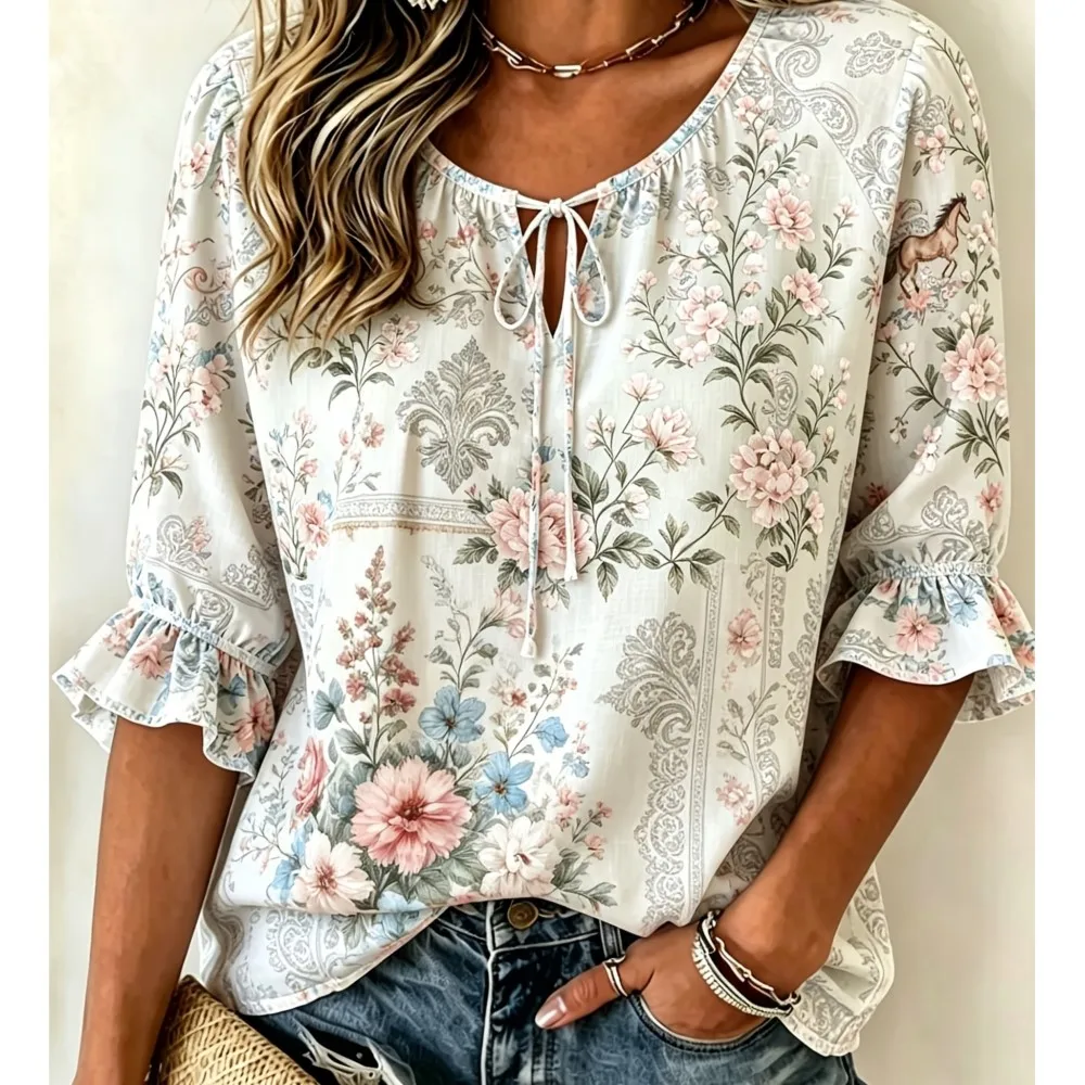 

Women's Vintage Floral Horse Print Blouse Tie Neck Ruffled 3/4 Sleeve White Boho Loose Shirt for Weekend Trip