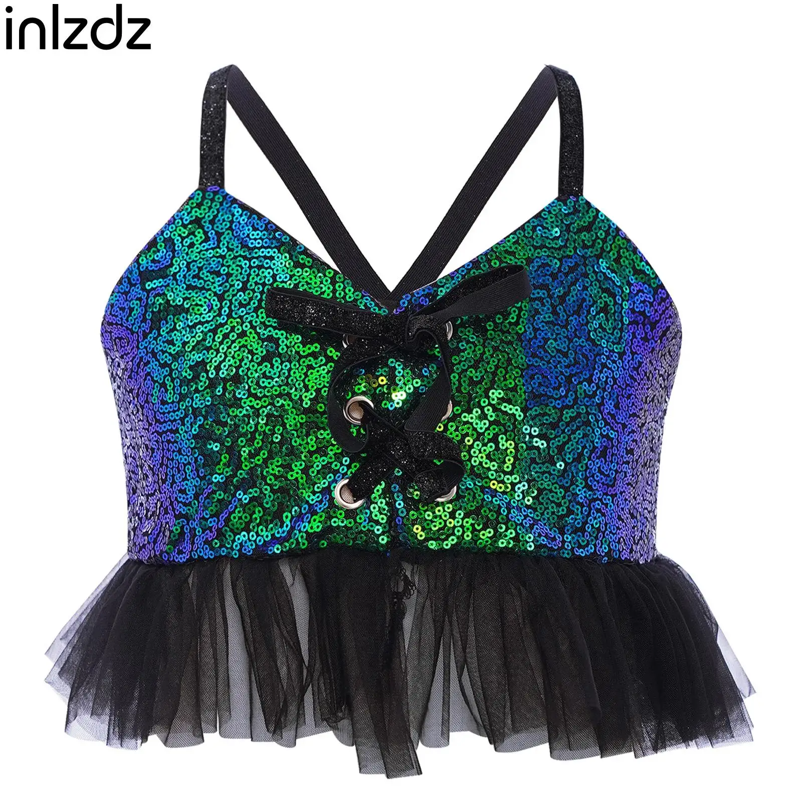 

Kids Girls Jazz Dance Costume Glittery Sequined Tulle Ruffles Camisole Spaghetti Straps Crop Top Children Performance Dancewear