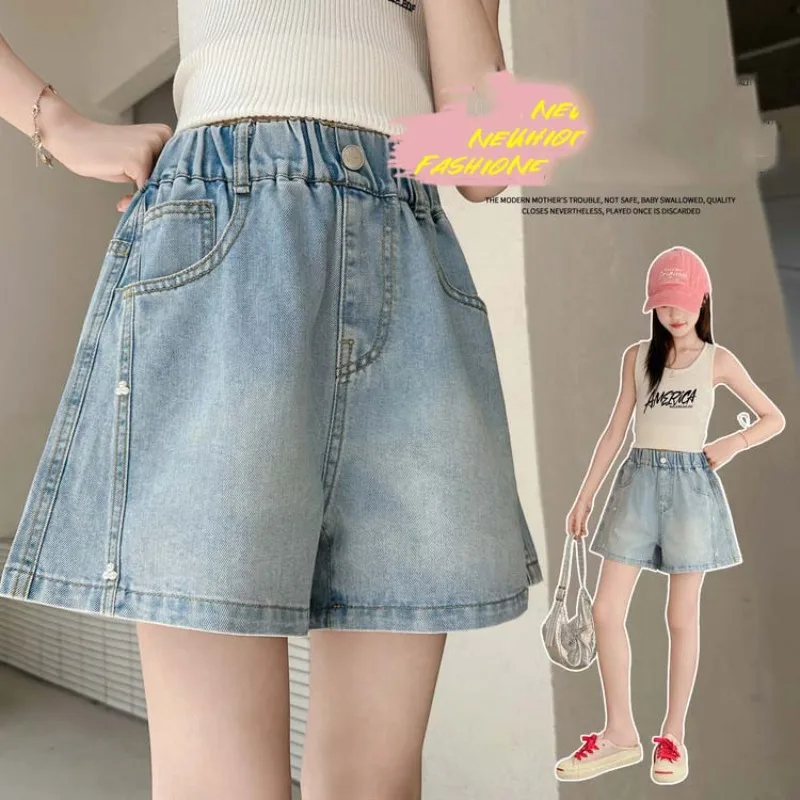 UNITIM 4-14Yrs Kid Girls Shorts Summer Junior Girls Denim Shorts Loose Versatile Elastic Waist Young Teenagers Girls Short Jeans