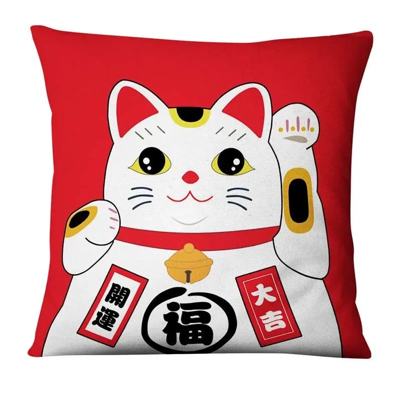 45x45cm Polyester Japanese Lucky Cat Printing Pillowcase Home Pillow Decoration Ukiyo-e Cushion