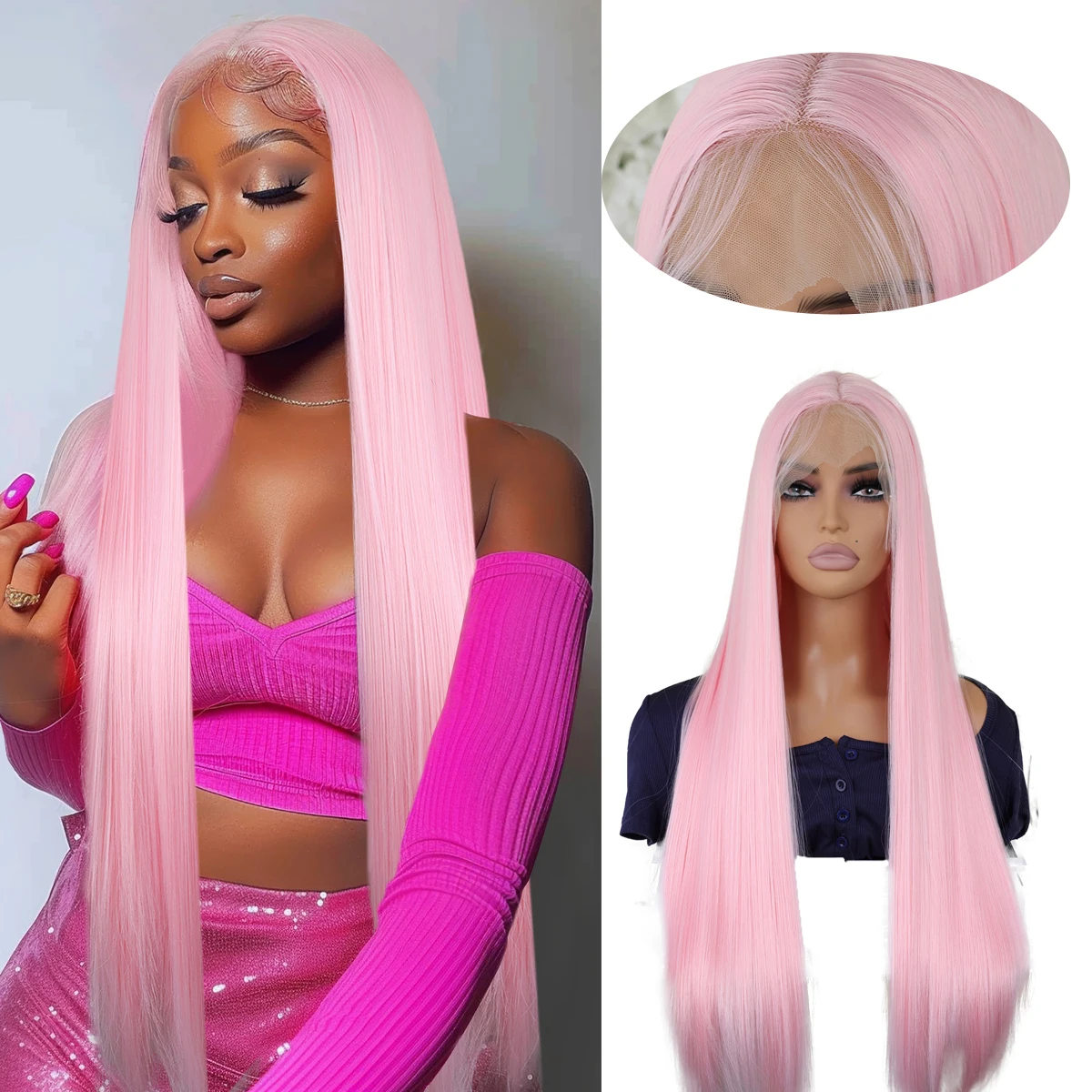 Pink Color Synthetic Lace Front Part Wig For Women Bone Straight Natural Prepluck Bleach Konts Hairline Baby Hair Cosplay Daily