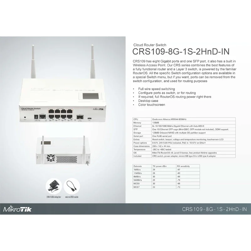 MikroTik CRS109-8G-1S-2HnD-IN Cloud Router Switch 8 Gigabit Ports RouterOS With 2.4GHz Wi-Fi Router