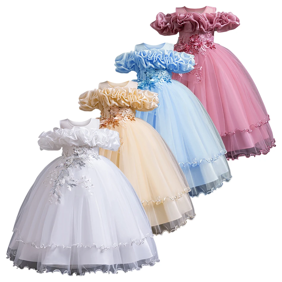 Chic One Shoulder Flower Embellished Tulle Girls Casual Dress for Special Events Perfect for Flower Girls and Birthday Parties