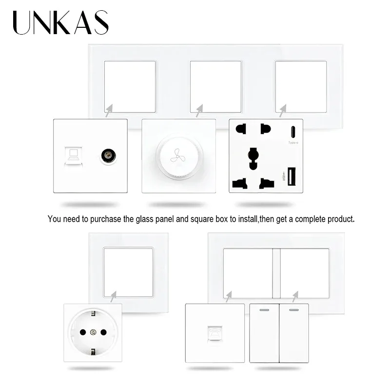 UNKAS وحدات لوحة زجاجية بيضاء مزيج مجاني مقبس الاتحاد الأوروبي الفرنسي TypeC USB باهتة جرس الباب تلفزيون ستارة المخرج لتقوم بها بنفسك مطابقة #5