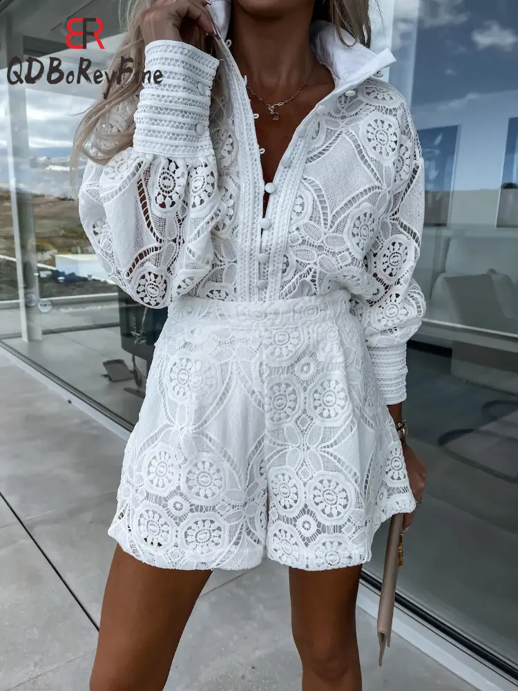 Spring Summer Women Shorts Sets Hook Flower Hollow Lace Long Sleeve Shirts Wide Leg Shorts Elegant 2 Piece Sets Womens Outfits