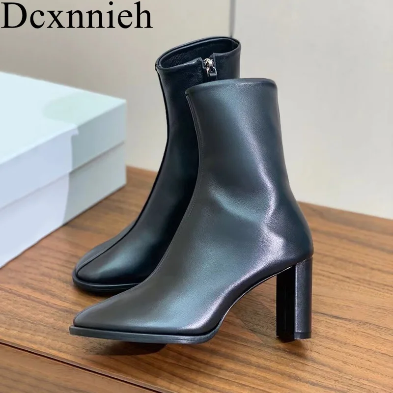 

Women Round Toe Chelsea Boots Genuine Leather Chunky High Heel Zipper Ankle Botas Autumn Winter British Style Work Short Boots