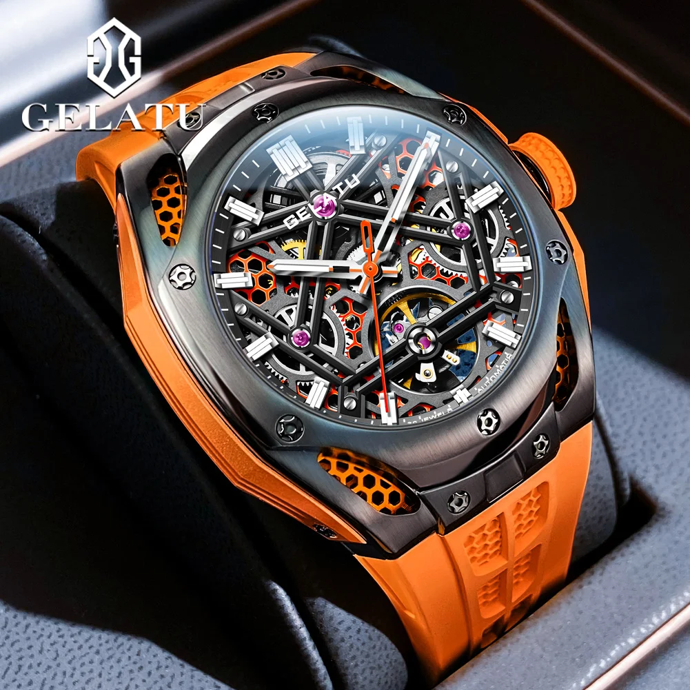 GELATU 6008 Men\'s Watch Silicone Strap Skeleton Automatic Mechanical Men\'s Watches Hollow Out Waterproof Luxury Sport Wristwatch