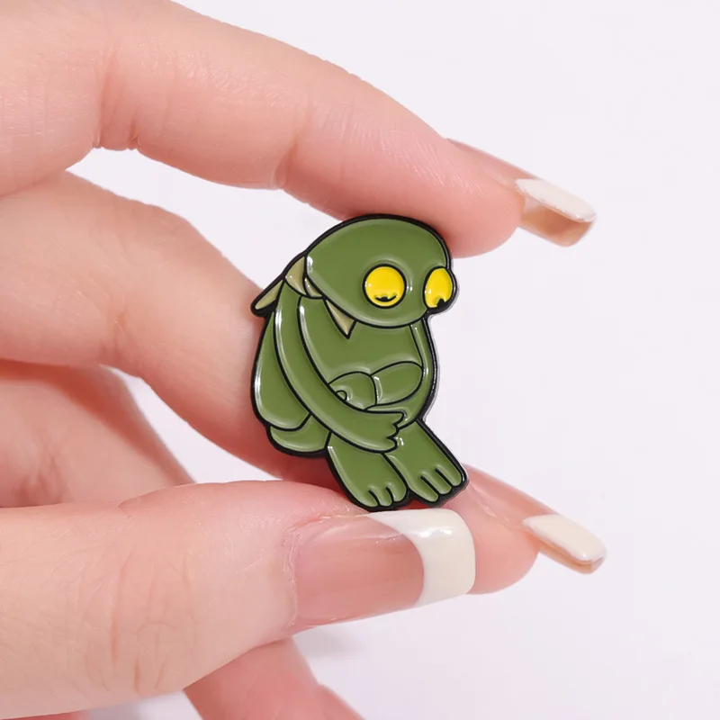 Lonely Hunch Green Frog Enamel Brooch Sad Moping Cartoon Amphibian Yellow Eyes Metal Lapel Pin Bag Hat Weird Cute Mood  Badge - view 3