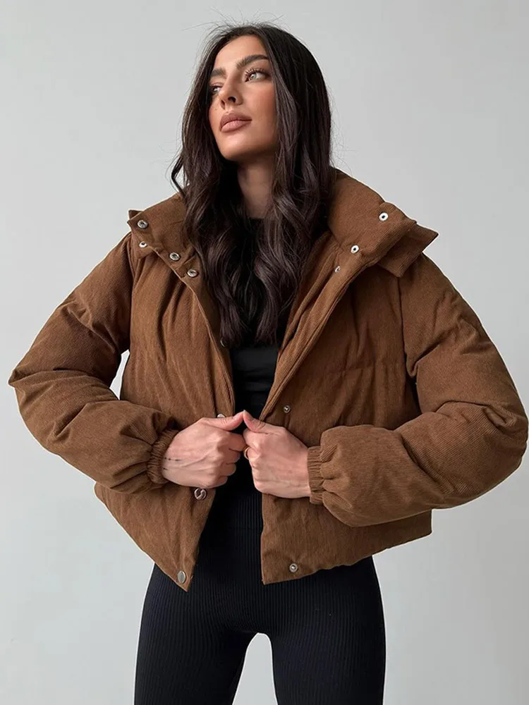 2024 Women Fashion Brown Single Breasted Suede Down Coat Elegant Stand Collar Hoodie Cropped Jacket Winter Lady Warm Outwear