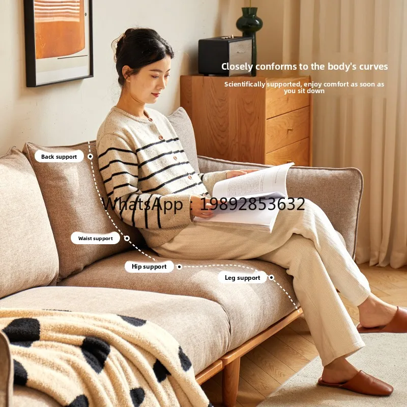 YFY Solid Wood Sofa Living Room Simple Style Cherry Wood Three-Seater Sofa Vintage Style Straight Fabric Sofa