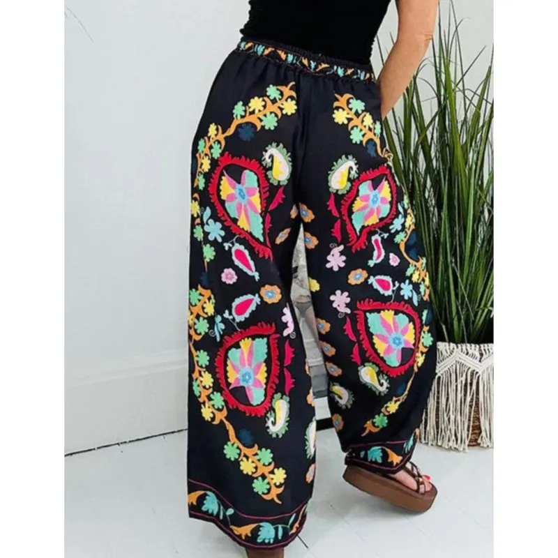 2025 แฟชั่นผู้หญิง Drawstring กางเกงขากว้างฤดูใบไม้ผลิฤดูร้อนหญิงพิมพ์ Patchwork Elegant กางเกงหลวม Fit Lady กางเกง