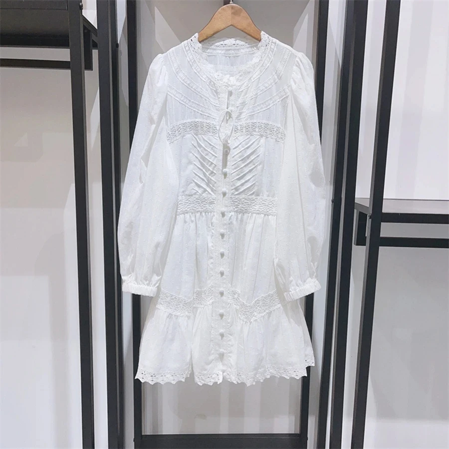 

2024 summer new solid white o-neck embroider hollow out lantern sleeve lace vacation sea beach elegant mini dress for women